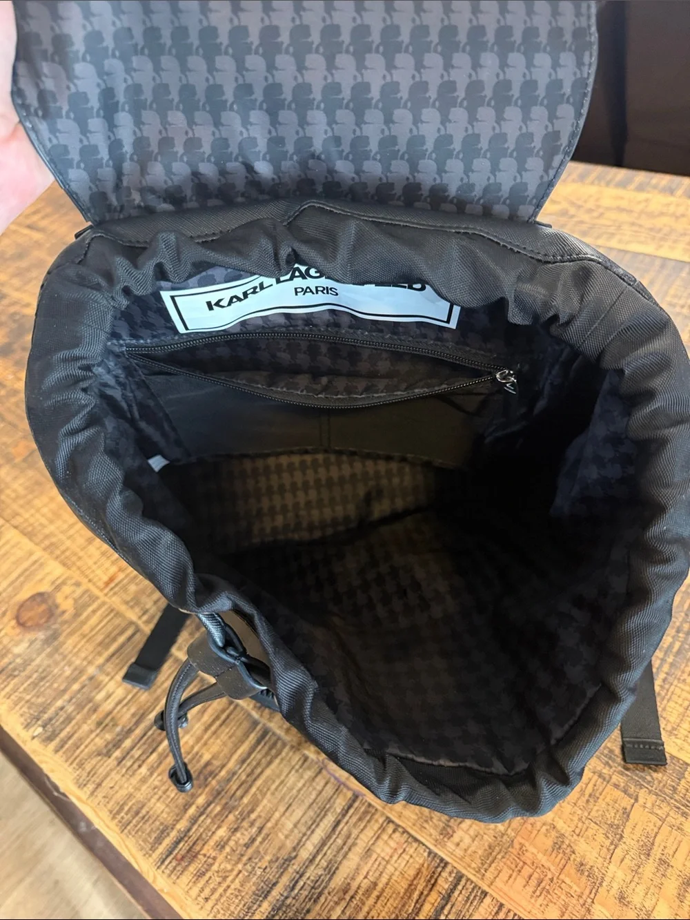Karl Lagerfeld Black Saffiano Drawstring Backpack with Front Pocket